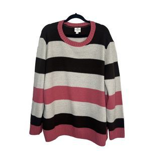 St. John's Bay Sweater Women's 2X Pink Brown Ivory Striped Crew Neck Preppy